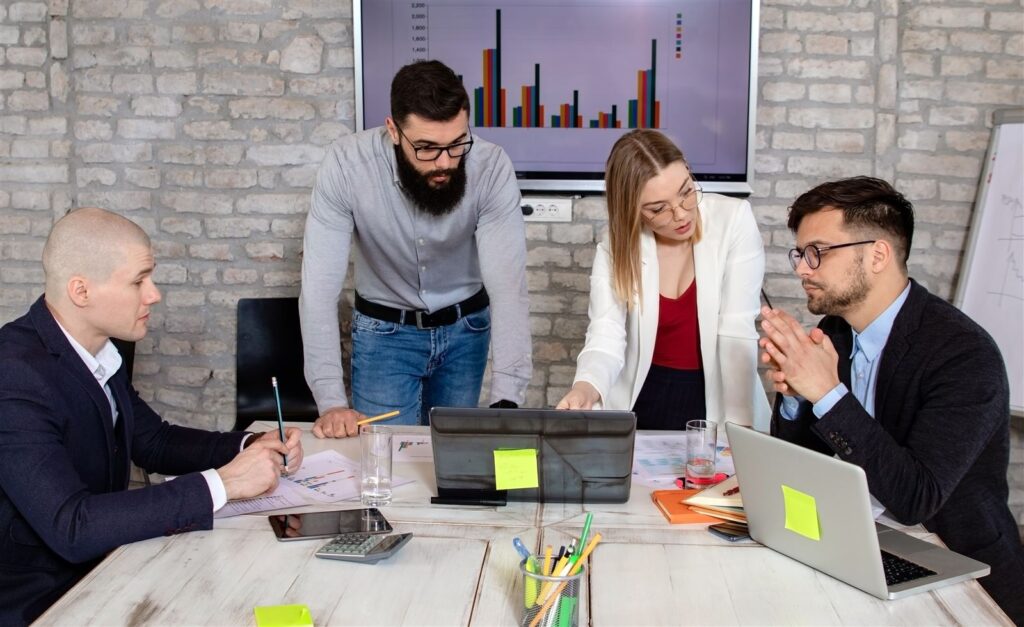 Business partners discussing a new project in an office